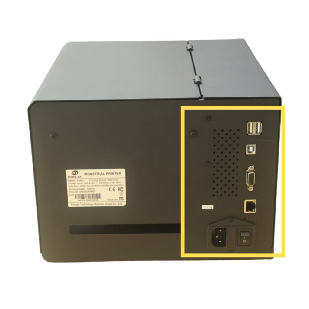 พอร์ตเชื่อมต่อ USB LAN และ Serial ของเครื่องพิมพ์บาร์โค้ด RONGTA RI460